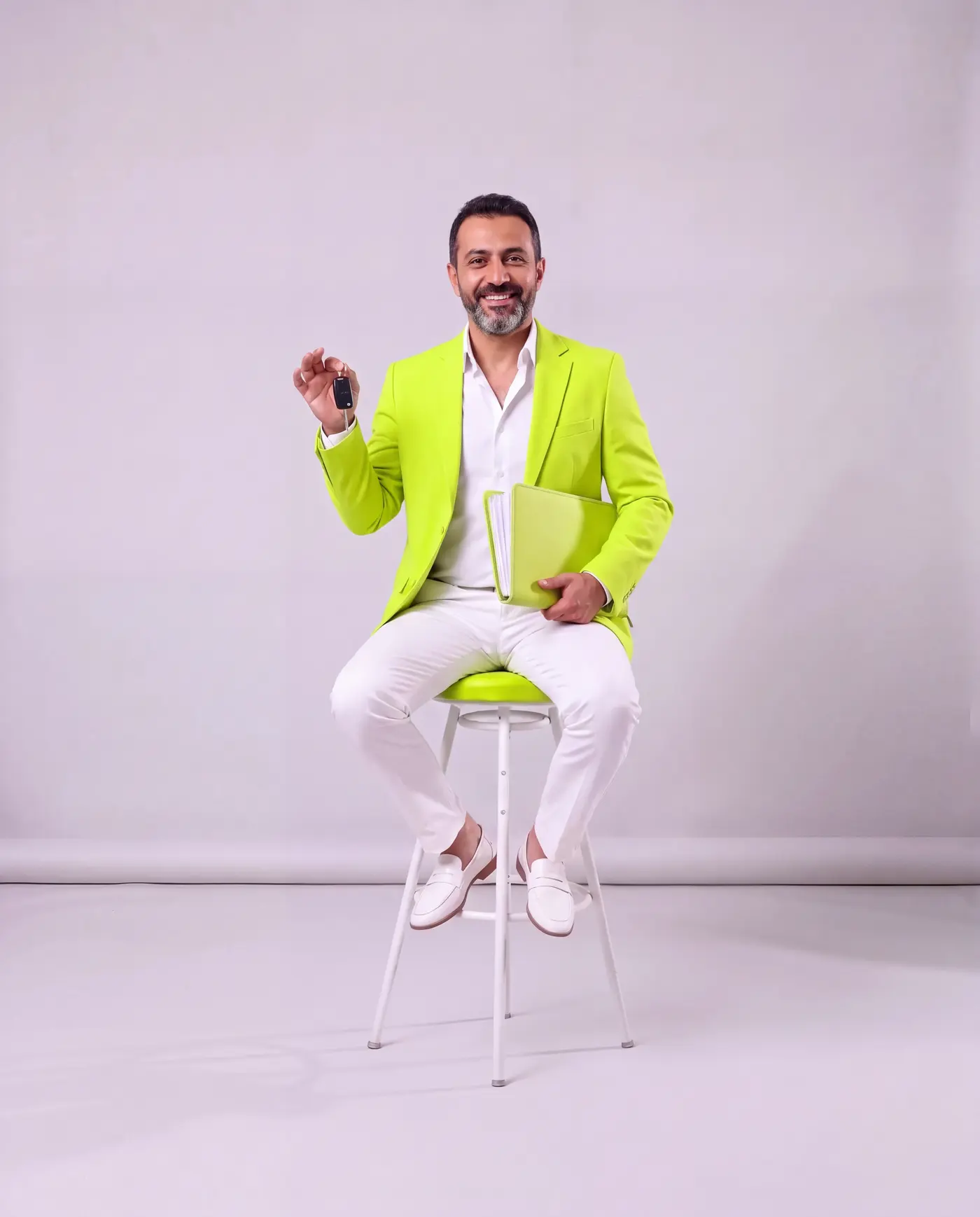 مندوب علاقات عامة في سوشاليز بلوسيل، الدوحة: رجل مبتسم بلحية يخطّها الشيب، بسترة ليمونية وبنطال أبيض، يرفع مفاتيح سيارته وملف أوراق ليموني في حجره، على كرسي ليموني في الاستوديو الأبيض